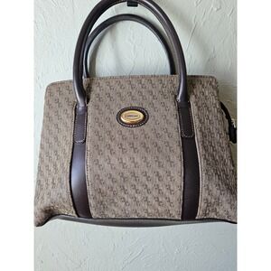 Carryland Monogram Satchel Handbag Brown Canvas Leather Trim Top Handle Bag